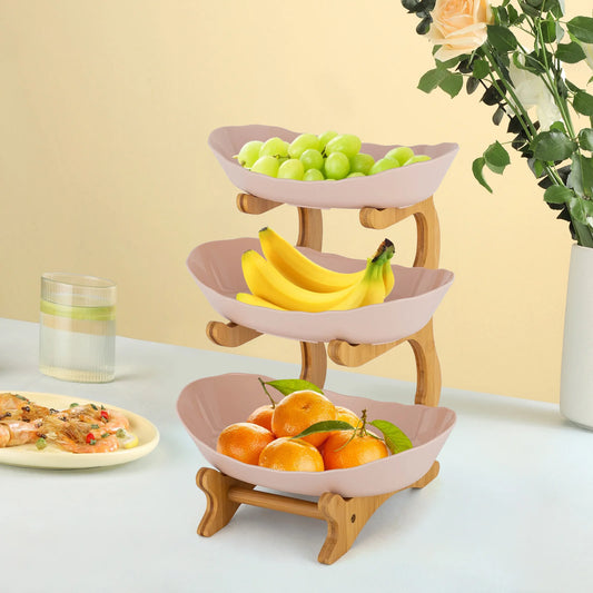 3-Tier Serving Bowls With Stand, Snack Dessert Cake Tray Plate Rack For Party Wedding Fruit Bowl With Bamboo Wood Stand