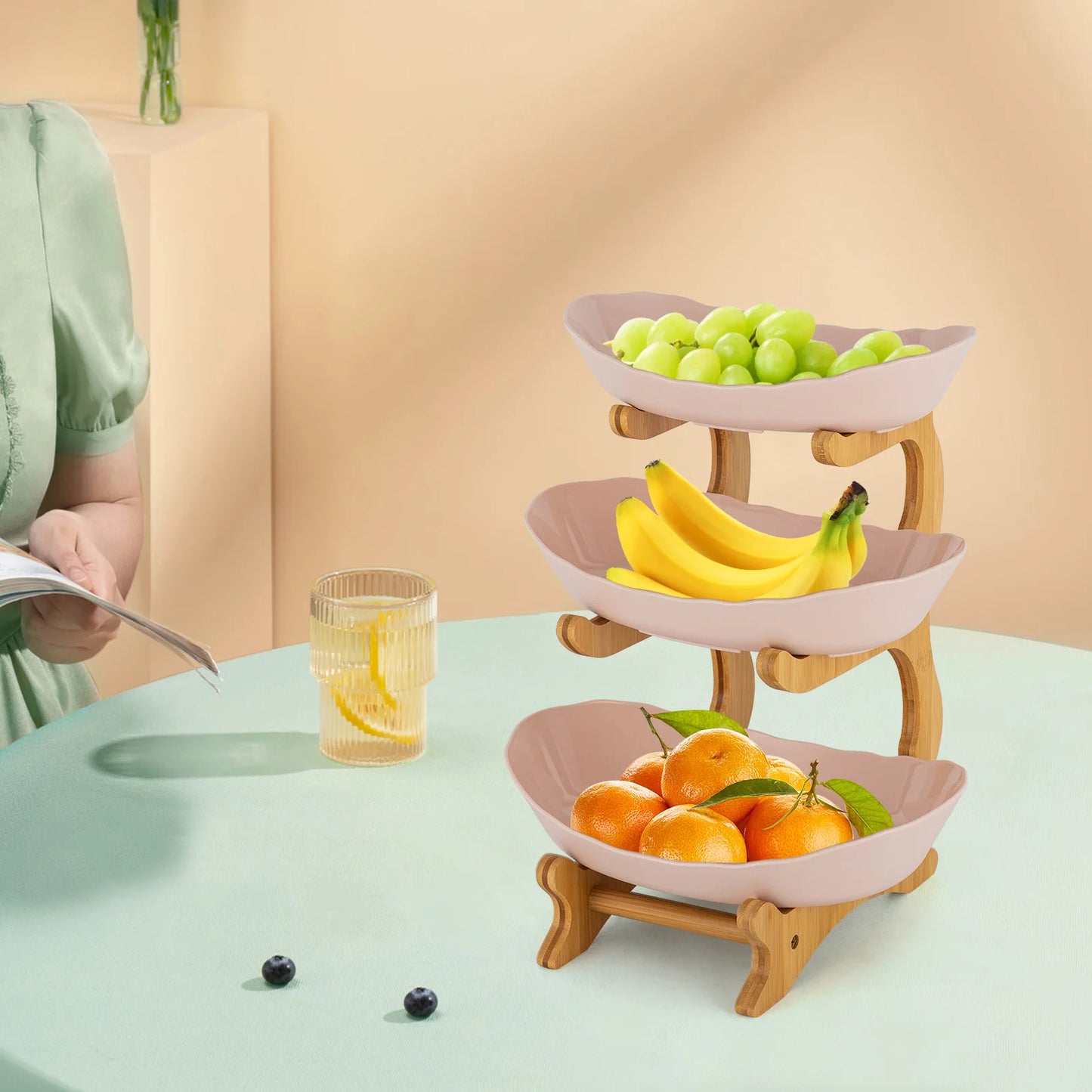 3-Tier Serving Bowls With Stand, Snack Dessert Cake Tray Plate Rack For Party Wedding Fruit Bowl With Bamboo Wood Stand