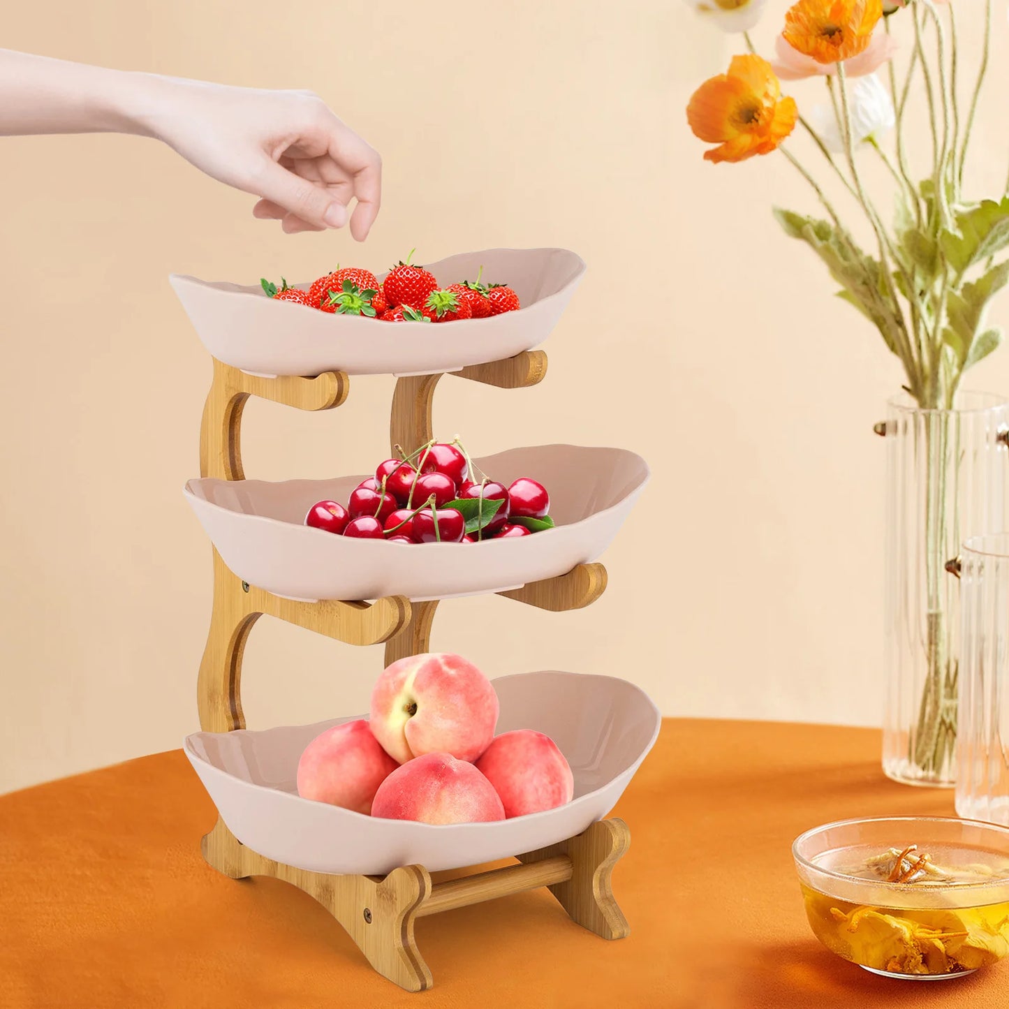 3-Tier Serving Bowls With Stand, Snack Dessert Cake Tray Plate Rack For Party Wedding Fruit Bowl With Bamboo Wood Stand