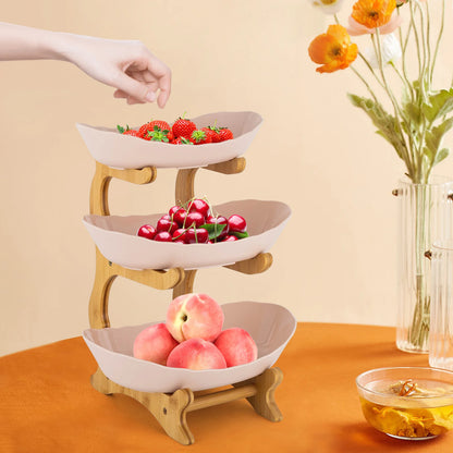 3-Tier Serving Bowls With Stand, Snack Dessert Cake Tray Plate Rack For Party Wedding Fruit Bowl With Bamboo Wood Stand
